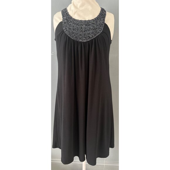 M Usa Dresses & Skirts - M USA Little Black Dress Medium Embellished Neck Sleeveless Flowy Chic Cocktail